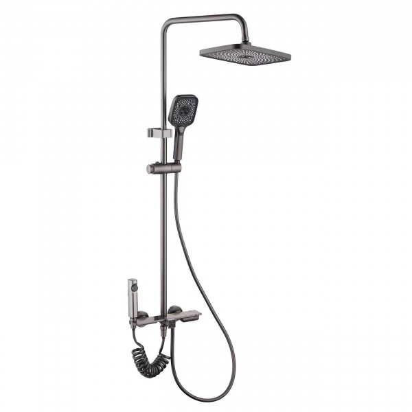 太陽雨花灑/精銅槍灰/四出水大淋浴/超長大平面置物/9寸方頂噴/PVC軟管/三功能自潔手持/獨立噴槍/LD1021